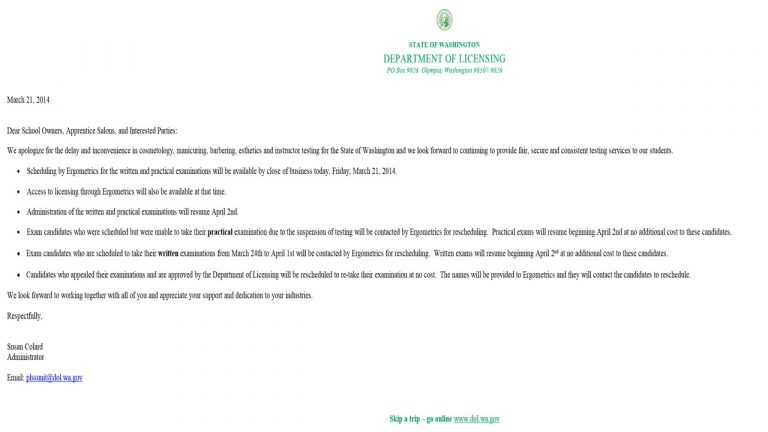 Cosmetology Washington State Testing Update